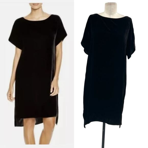 Eileen Fisher Bateau Neck Short Sleeve Velvet High Low Shift Dress Size‎ Small - Picture 1 of 13
